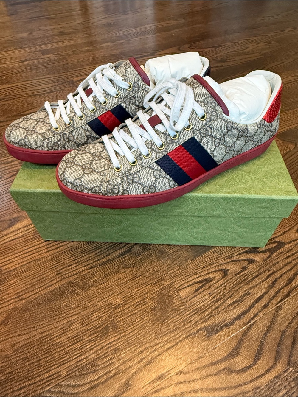 Gucci Beige GG Supreme Sneakers with Red & Navy Accents